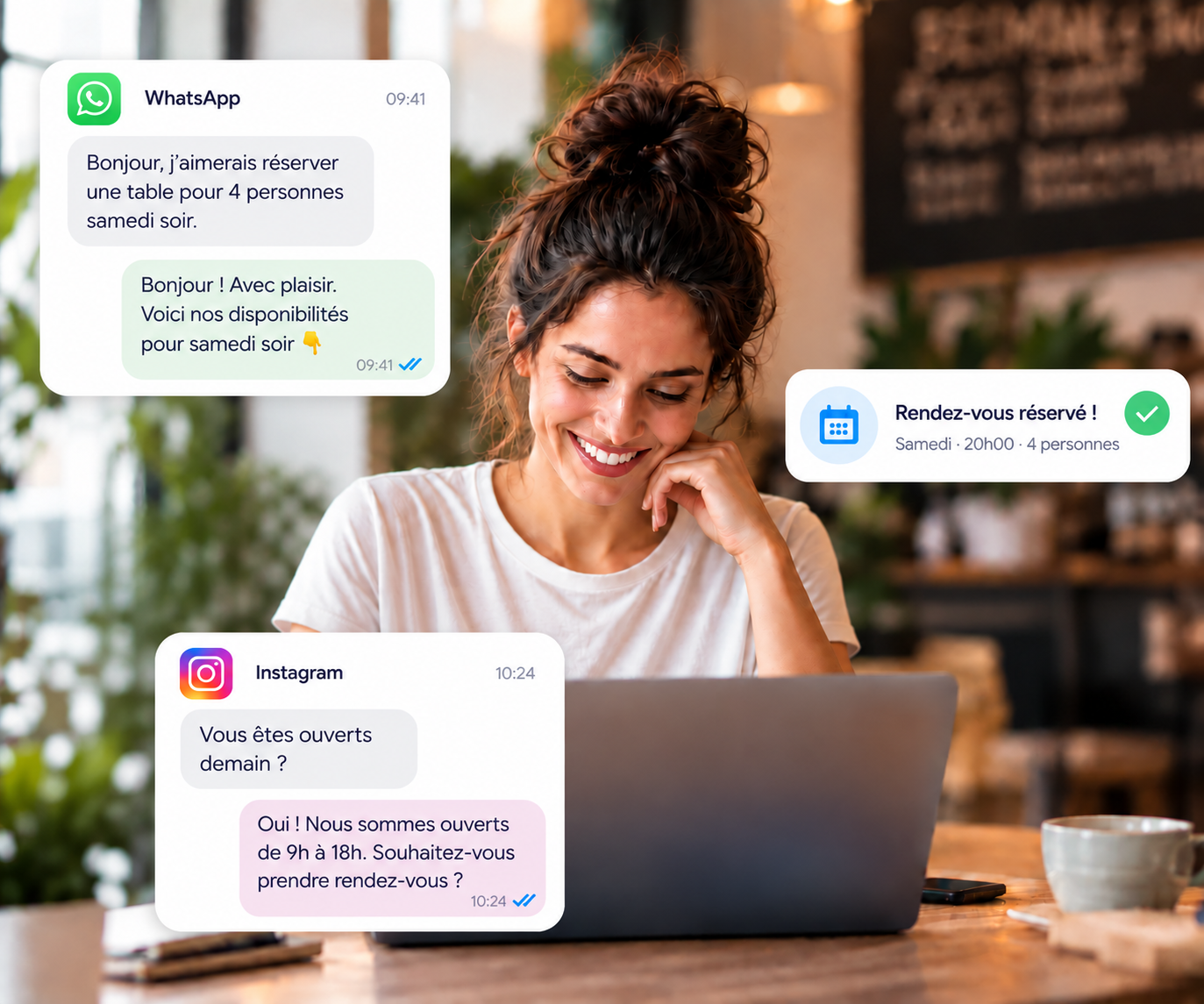 Cheffe d'entreprise recevant des demandes clients par WhatsApp et Instagram pendant qu'elle travaille